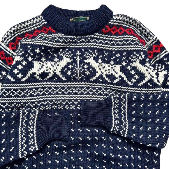 L.L. Bean VTG 80s Norway Birds Eye Fair Isle Reindeer Knit Sweater Jumper Small - Picture 3 of 4